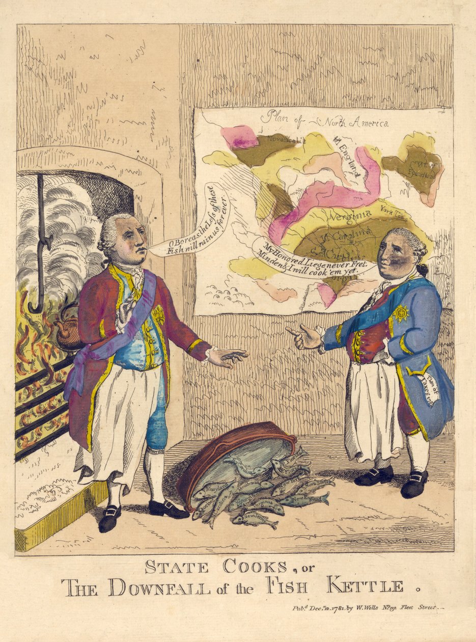 स्टेट कुक, या द डाउनफॉल ऑफ द फिश केटल, पब। 1781 (हाथ के रंग का उत्कीर्णन) द्वारा अंग्रेजी स्कूल