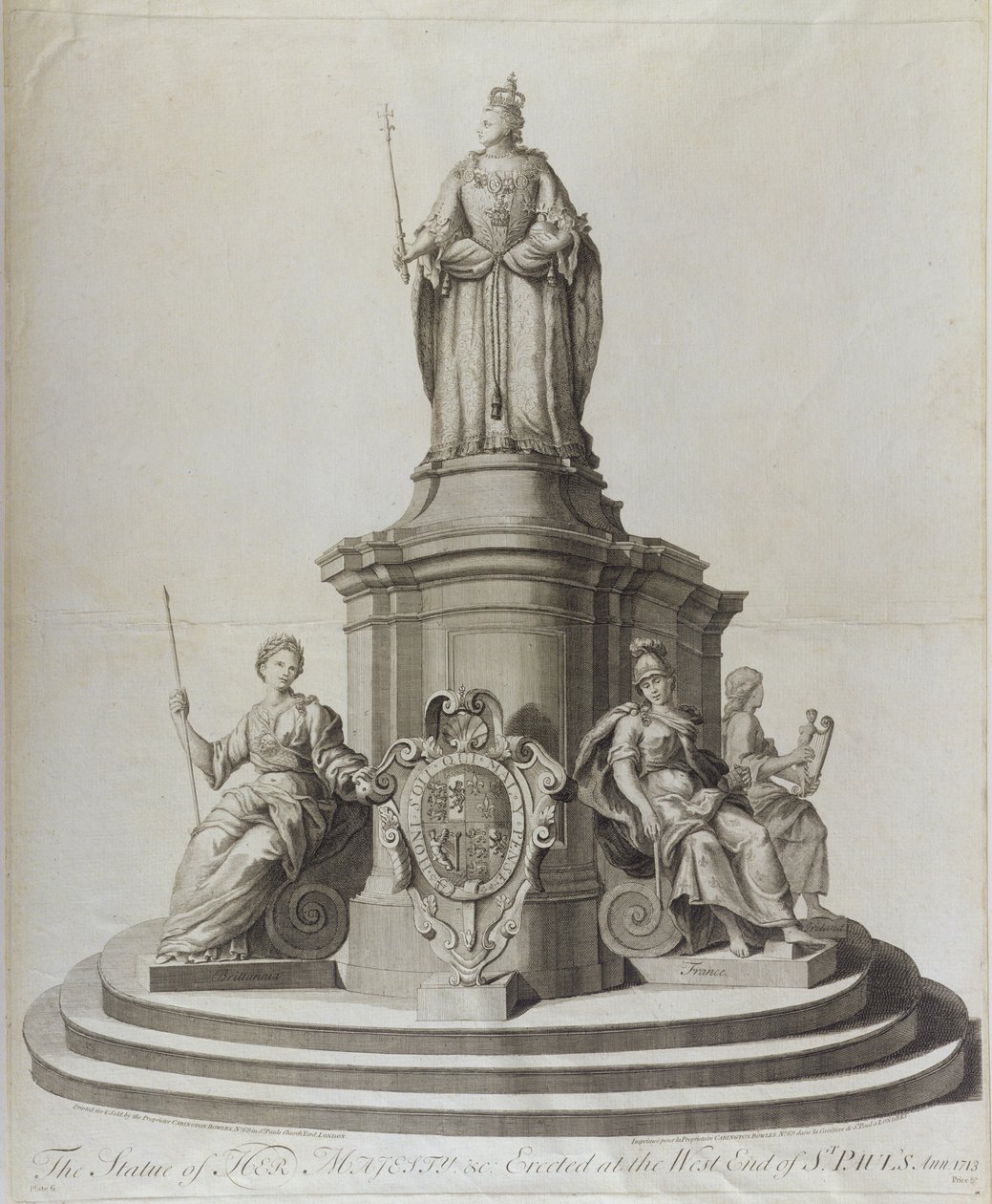 स्टैच्यू ऑफ़ क्वीन ऐनी (1665-1714), 1713 में प्रकाशित हुई द्वारा अंग्रेजी स्कूल