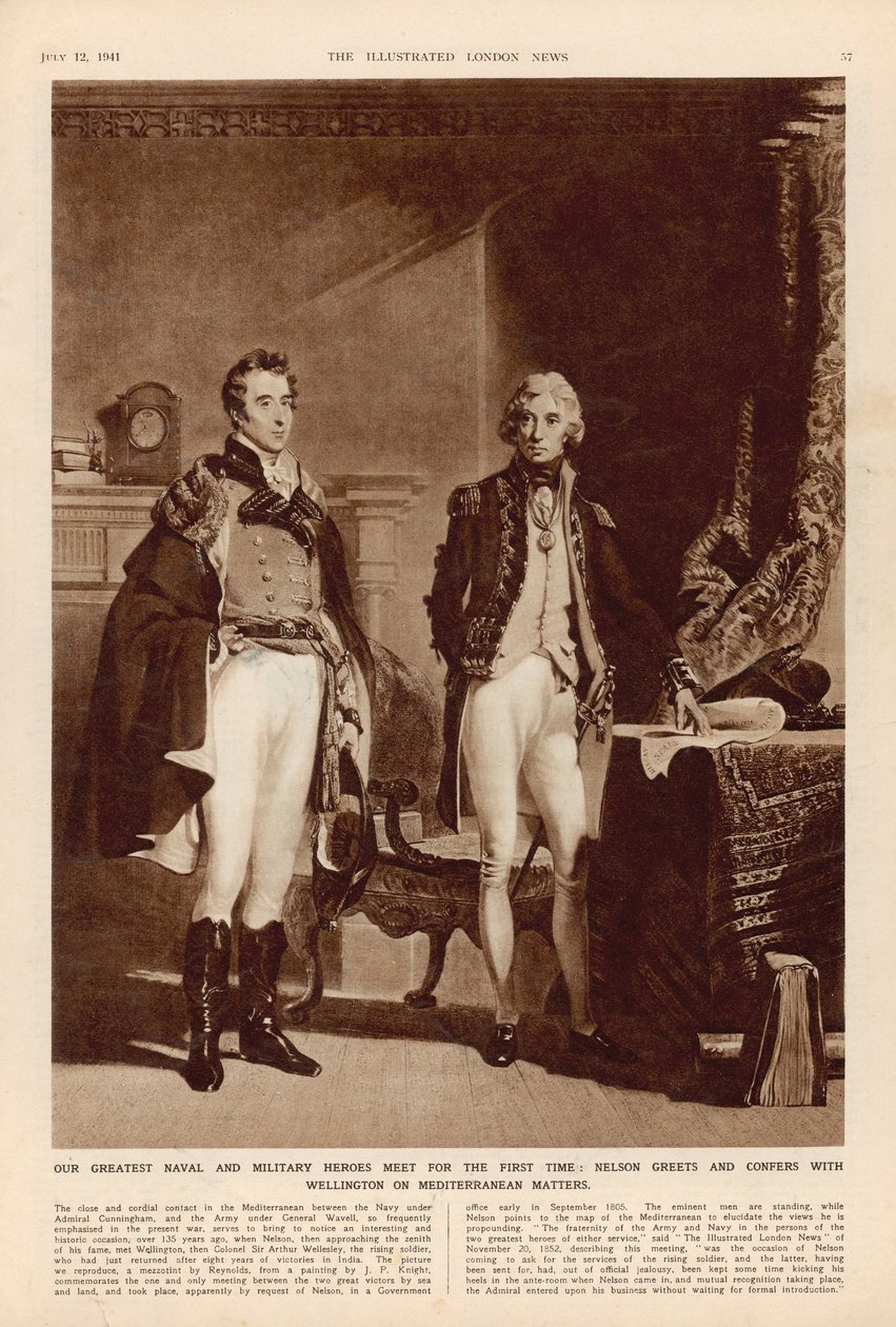 द आर्मी और नेवी: लंदन इलस्ट्रेटेड न्यूज से आर्थर वेलेस्ली (1769-1852) ड्यूक ऑफ वेलिंगटन और लॉर्ड होरैटो नेल्सन (1758-1805) के बीच एक साक्षात्कार द्वारा अंग्रेजी स्कूल