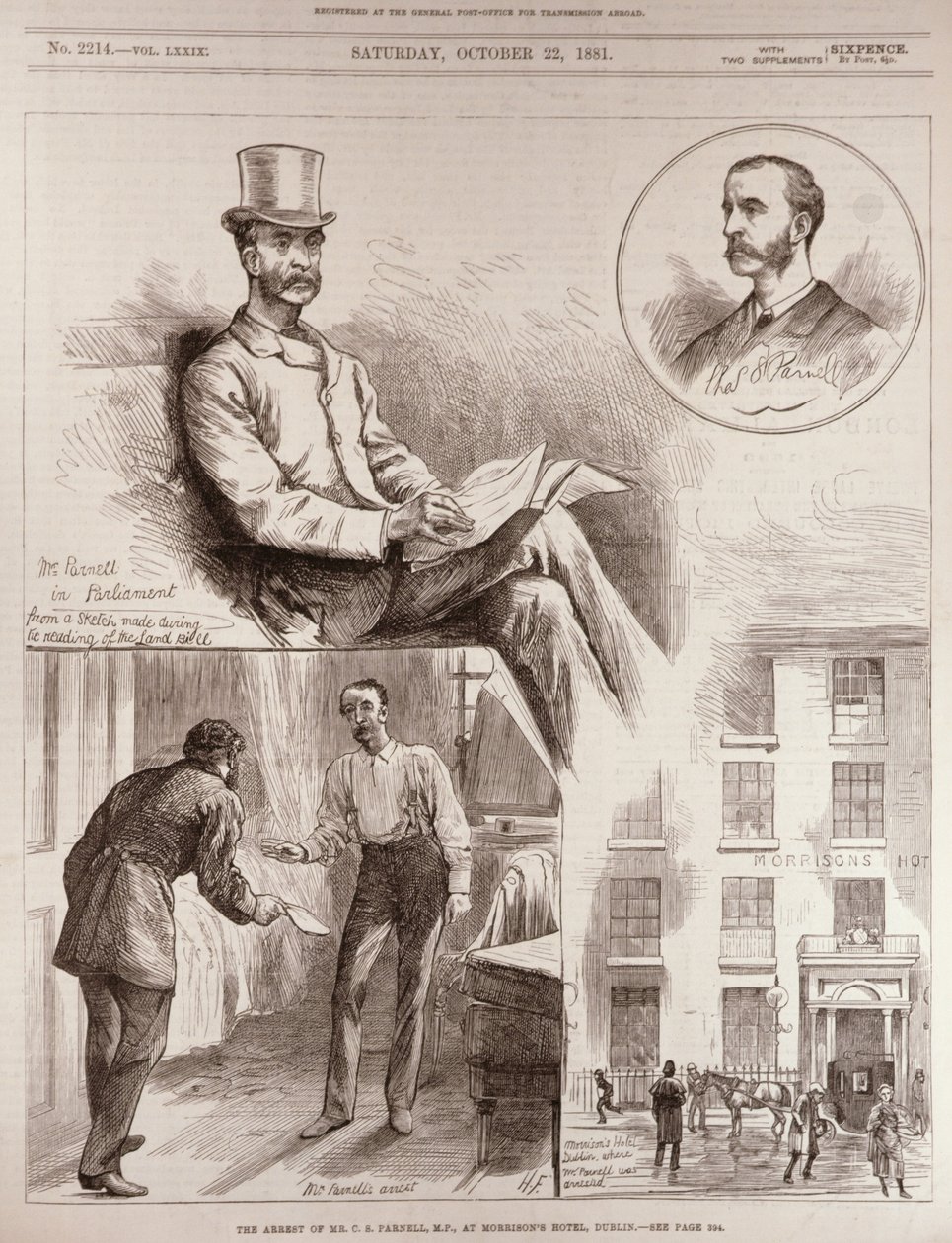 22 अगस्त 1881 को &39;द इलस्ट्रेटेड लंदन न्यूज&39; से डबलिन के मॉरिसन होटल में सांसद, सीएस परनेल की गिरफ्तारी द्वारा अंग्रेजी स्कूल