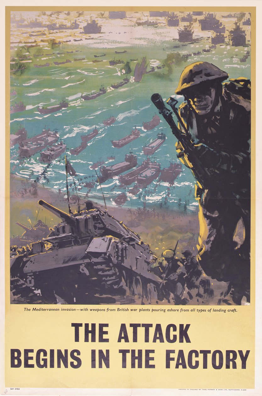 फैक्टरी में हमला शुरू होता है, WWII पोस्टर, 1943 द्वारा अंग्रेजी स्कूल