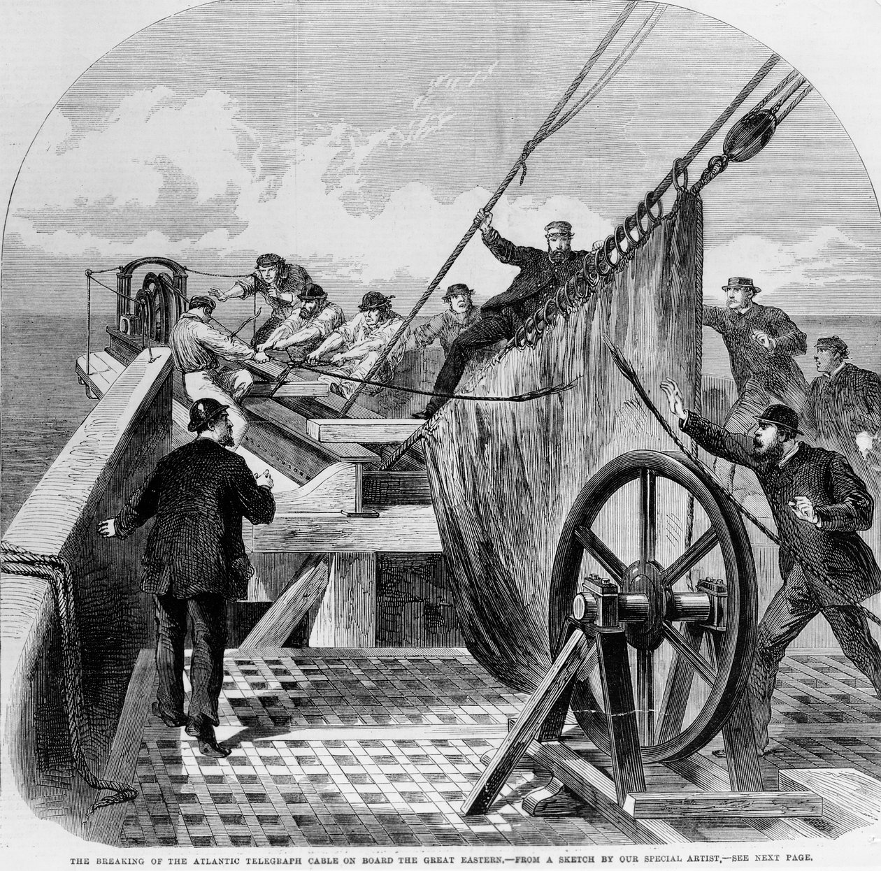 ग्रेट ईस्टर्न बोर्ड पर अटलांटिक टेलीग्राफ केबल का टूटना, 1865 (उत्कीर्णन) द्वारा अंग्रेजी स्कूल
