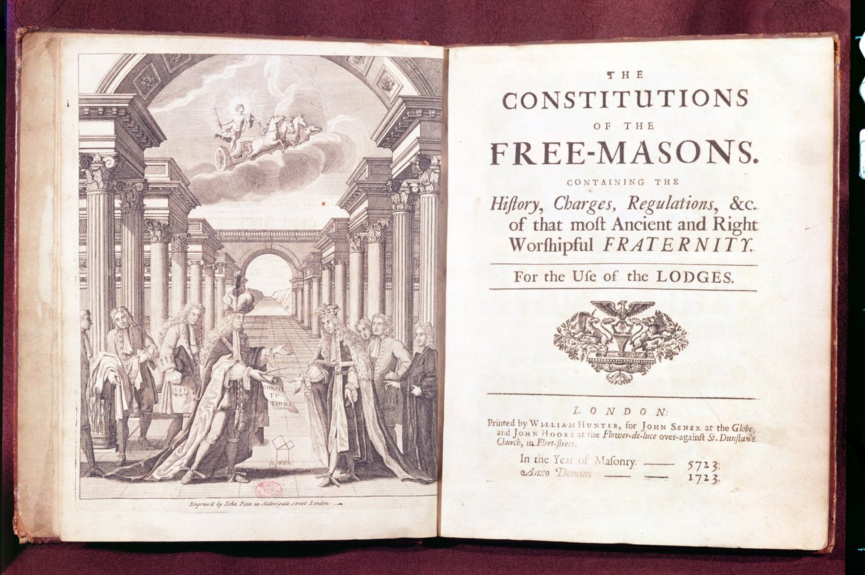`द कॉन्स्टिट्यूशन ऑफ़ द फ्रीमेसन बाय डॉ। जेम्स एंडरसन (c.1680-1739) लंदन 1723 में प्रकाशित द्वारा अंग्रेजी स्कूल