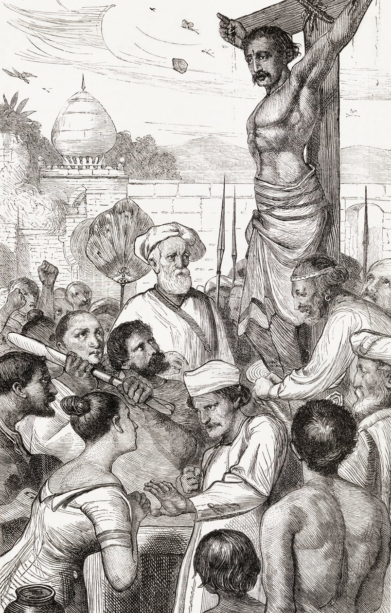 बर्मा के एक करेन शहीद का क्रूसीकरण, c.1865 (लकड़ी की नक्काशी) द्वारा अंग्रेजी स्कूल