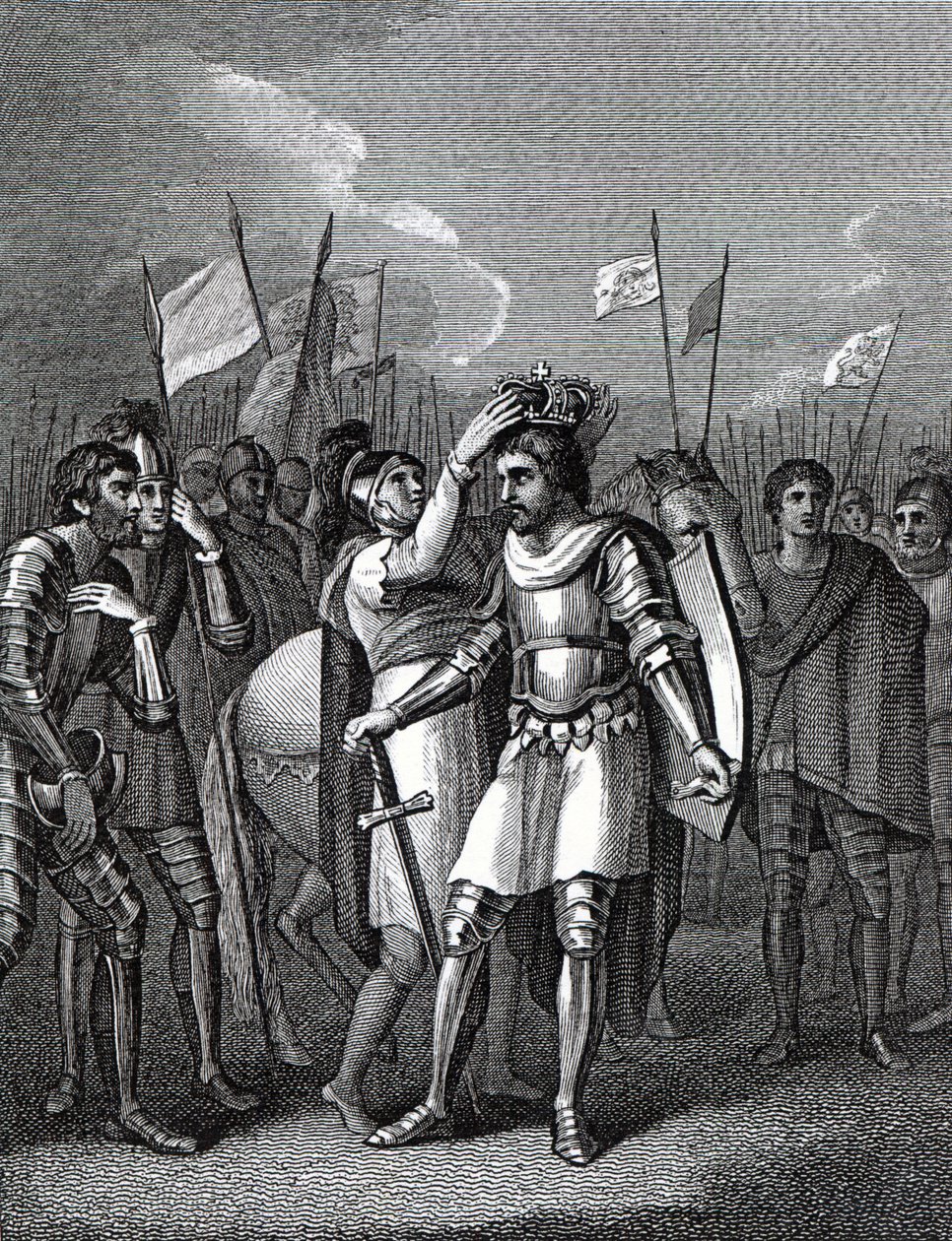 रिचमंड के अर्ल ने डेविड ह्यूम और टोबीस स्मोलेट, 1804 द्वारा &39;द हिस्ट्री ऑफ़ इंग्लैंड&39; से बोसवर्थ के युद्ध के बाद राजा को चुना द्वारा अंग्रेजी स्कूल