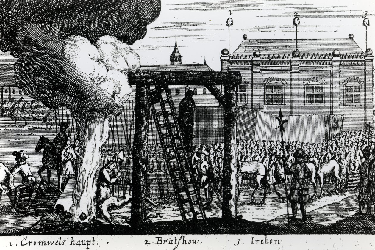 ओलिवर क्रॉमवेल, जॉन ब्रैडशॉ और हेनरी हिस्पनटन का निष्पादन, c.1661 द्वारा अंग्रेजी स्कूल