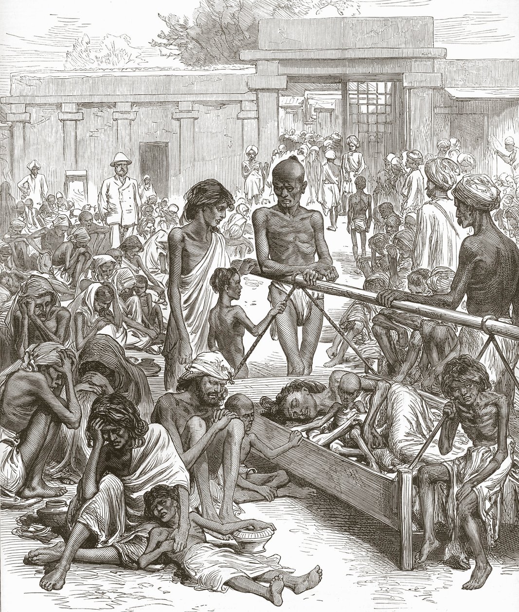 भारत में अकाल: बैंगलोर में मूल निवासी राहत की प्रतीक्षा में, अक्टूबर 1877। द्वारा अंग्रेजी स्कूल