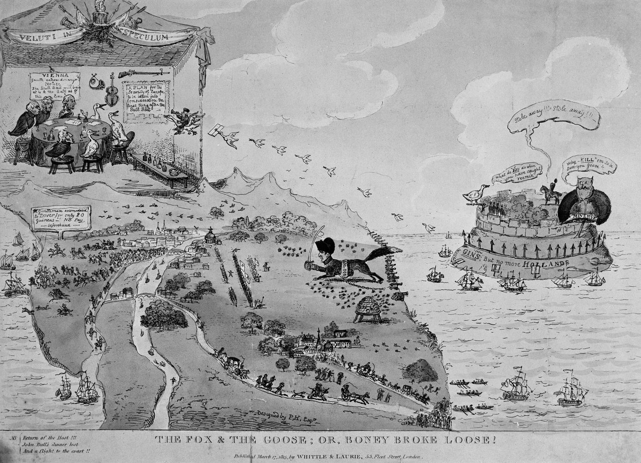 एल्बा, 1815 से बचकर फॉक्स एंड द गूज, नेपोलियन (1769-1861) का कैरिकेचर द्वारा अंग्रेजी स्कूल