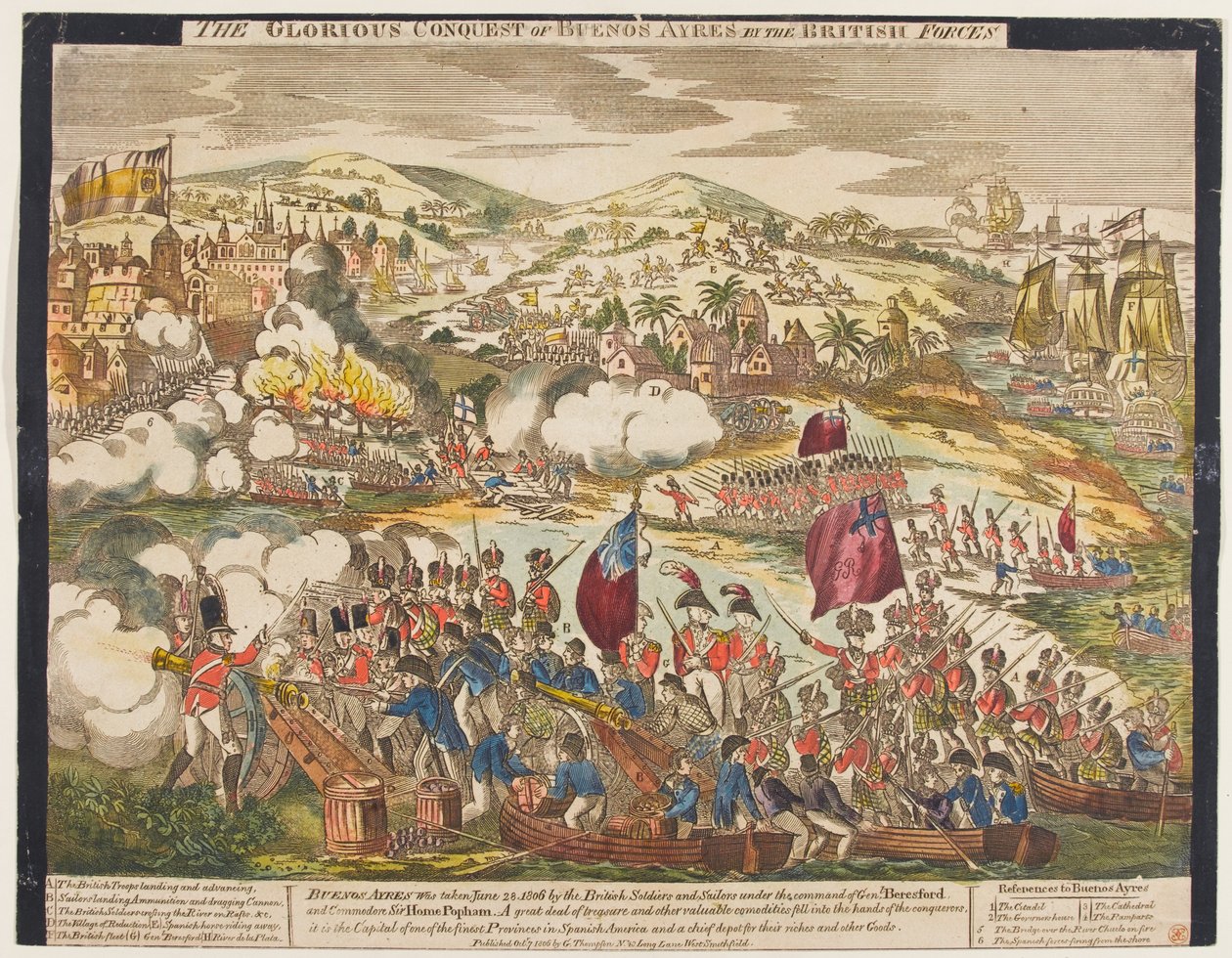 27 जून 1806 को ब्रिटिश सेना द्वारा ब्यूनस आयर्स की शानदार विजय, जी थॉम्पसन, 1806 (रंगीन लकड़बग्घा) द्वारा प्रकाशित द्वारा अंग्रेजी स्कूल