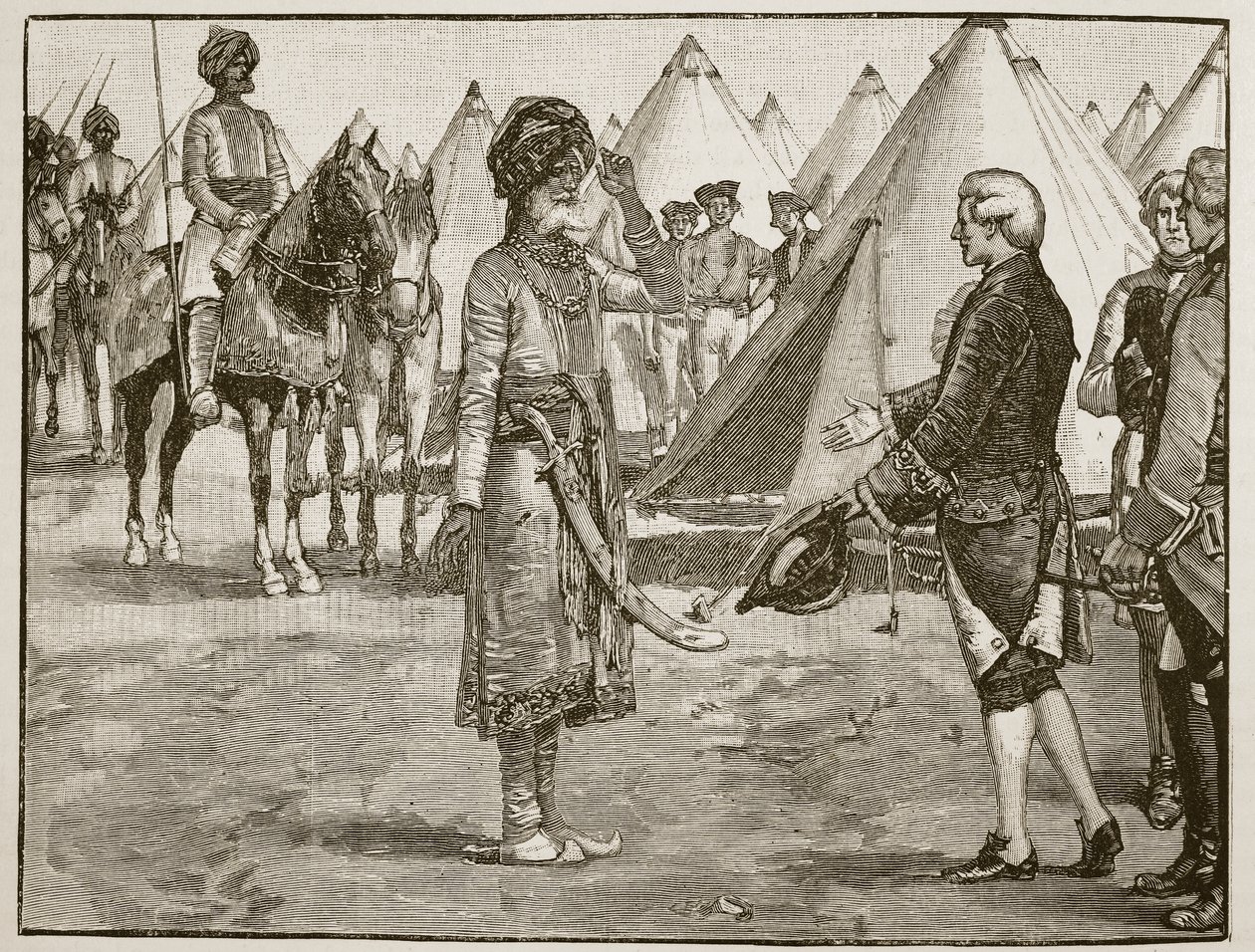 अंग्रेजी कैंप में 1765 में प्रवेश करने वाला द ग्रेट मोगुल, इंग्लैंड के कैसल्स इलस्ट्रेटेड हिस्ट्री से चित्रण (सीपिया फोटो) द्वारा अंग्रेजी स्कूल