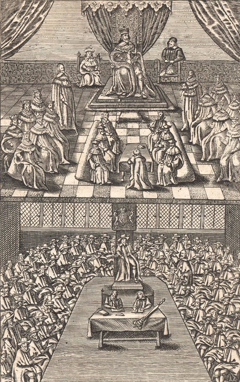 किंग चार्ल्स I के तहत हाउस ऑफ लॉर्ड्स और हाउस ऑफ कॉमन्स, c.1640 (रंगीन वुडकट) द्वारा अंग्रेजी स्कूल