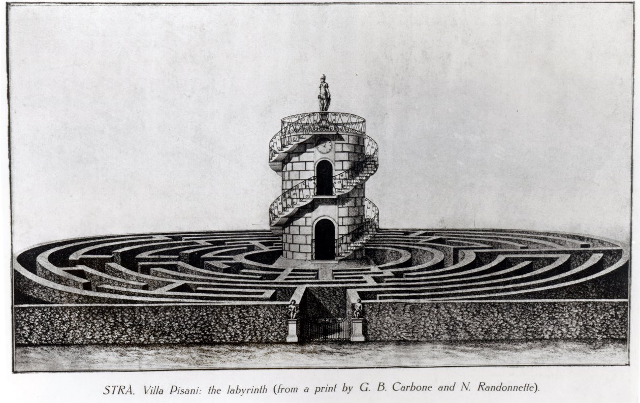 Giovanni Battista Carboni (1723-83) और N. Randonnette द्वारा एक प्रिंट के बाद, स्ट्रैप में विला पिसानी के भूलभुलैया द्वारा अंग्रेजी स्कूल