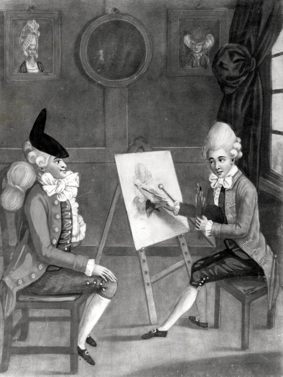 बॉल्स और कार्वर, 1772 (मेज़ोटोट) द्वारा प्रकाशित उनकी तस्वीर के लिए मकारोनी पेंटर या बिली डिंपल फिटिंग द्वारा अंग्रेजी स्कूल
