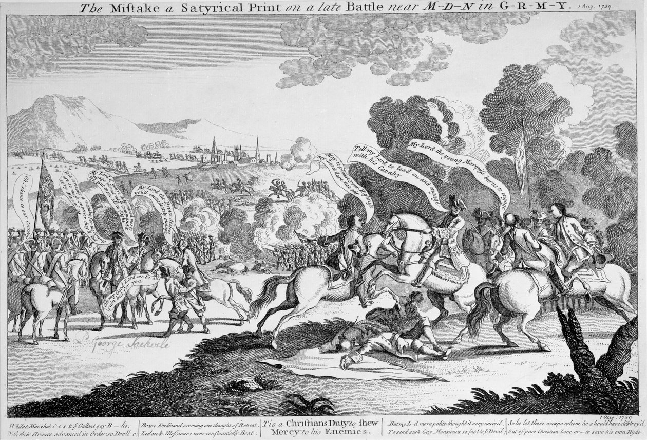 द मिस्टेक ए सैटेरिकल प्रिंट ऑन लेट बैटल ऑन लेट बैटल इन ग्रेमी, c.1759 (नक़्क़ाशी) द्वारा अंग्रेजी स्कूल
