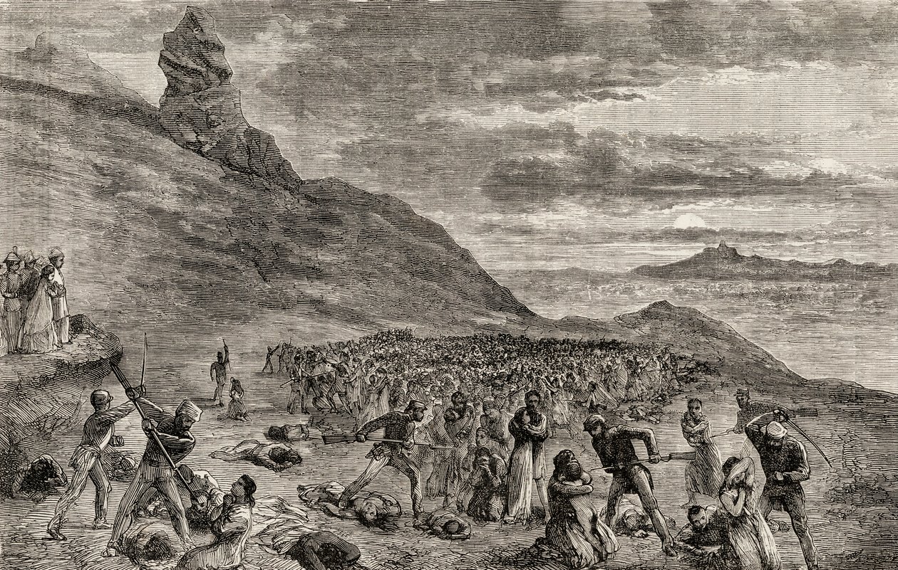 1849 में मेडागास्कर के द्वीप पर ईसाइयों का उत्पीड़न और नरसंहार, c.1865 (लकड़ी की नक्काशी) द्वारा अंग्रेजी स्कूल