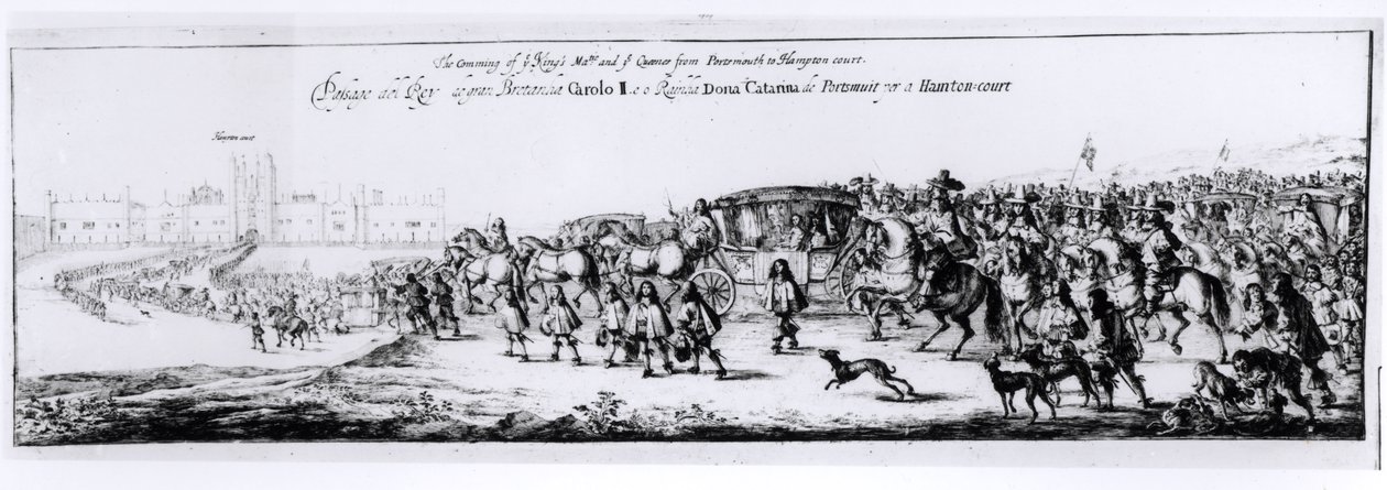 चार्ल्स द्वितीय का जुलूस (1630-85) और उनकी न्यू क्वीन, कैथरीन ऑफ ब्रैगांज़ा (1638-1705) पोर्ट्समाउथ से हैम्पटन कोर्ट, 1662 द्वारा अंग्रेजी स्कूल