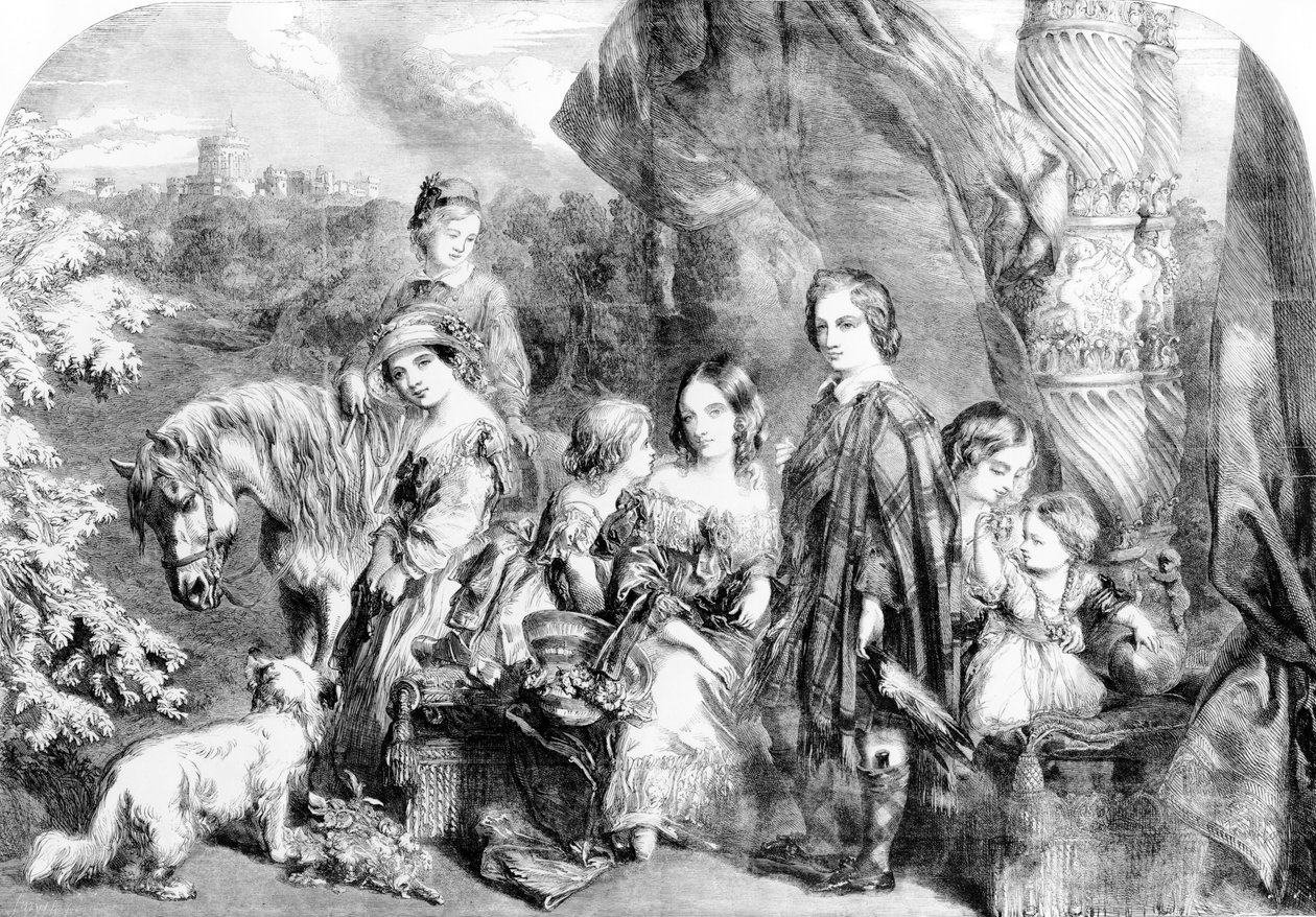 1852 में &39;इलस्ट्रेटेड लंदन न्यूज&39; से विंडसर ग्रेट पार्क में महारानी और उनके बच्चे द्वारा अंग्रेजी स्कूल