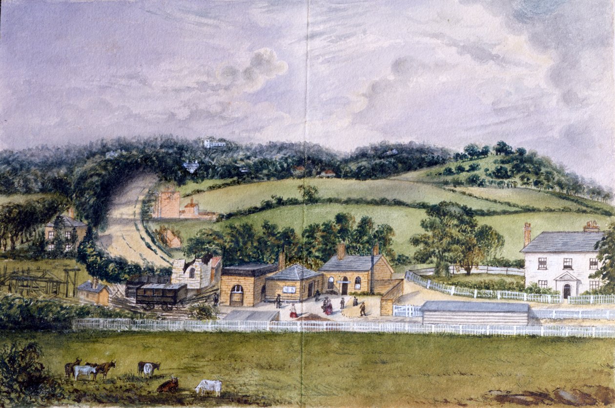 रेलवे टर्मिनस, केंट, c.1860 (wc कागज पर) द्वारा अंग्रेजी स्कूल