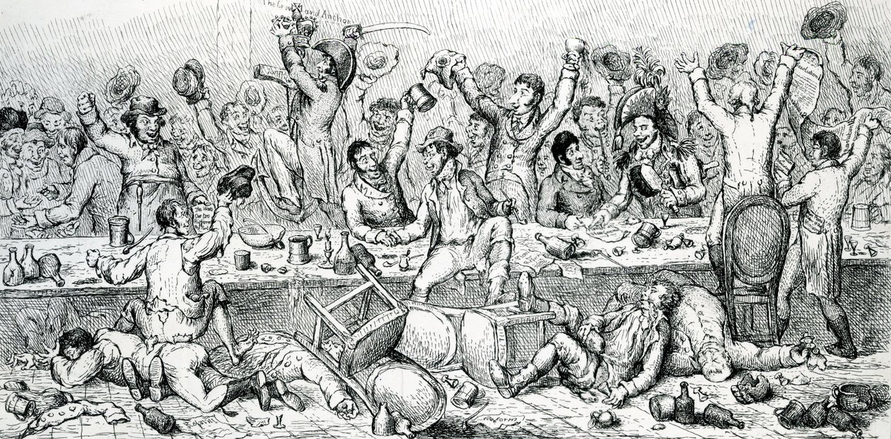 सुधारक रात्रिभोज, व्यंग्यकार, 1809 से लिया गया चित्रण द्वारा अंग्रेजी स्कूल