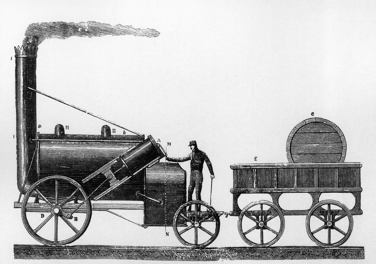 1829 में लिवरपूल-मैनचेस्टर रेलवे (उत्कीर्णन) के लिए जॉर्ज और रॉबर्ट स्टीफेंसन द्वारा डिजाइन और निर्मित रॉकेट, स्टीम लोकोमोटिव द्वारा अंग्रेजी स्कूल
