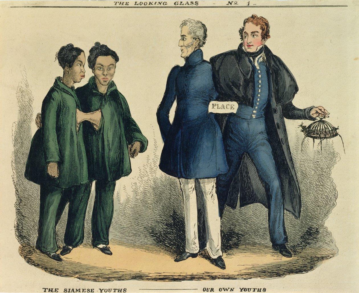 सियामीज़ युथ्स - अवर ओन यूथ्स, द लुकिंग ग्लास से व्यंग्यात्मक कार्टून, c.1829 (रंगीन नक्काशी) द्वारा अंग्रेजी स्कूल