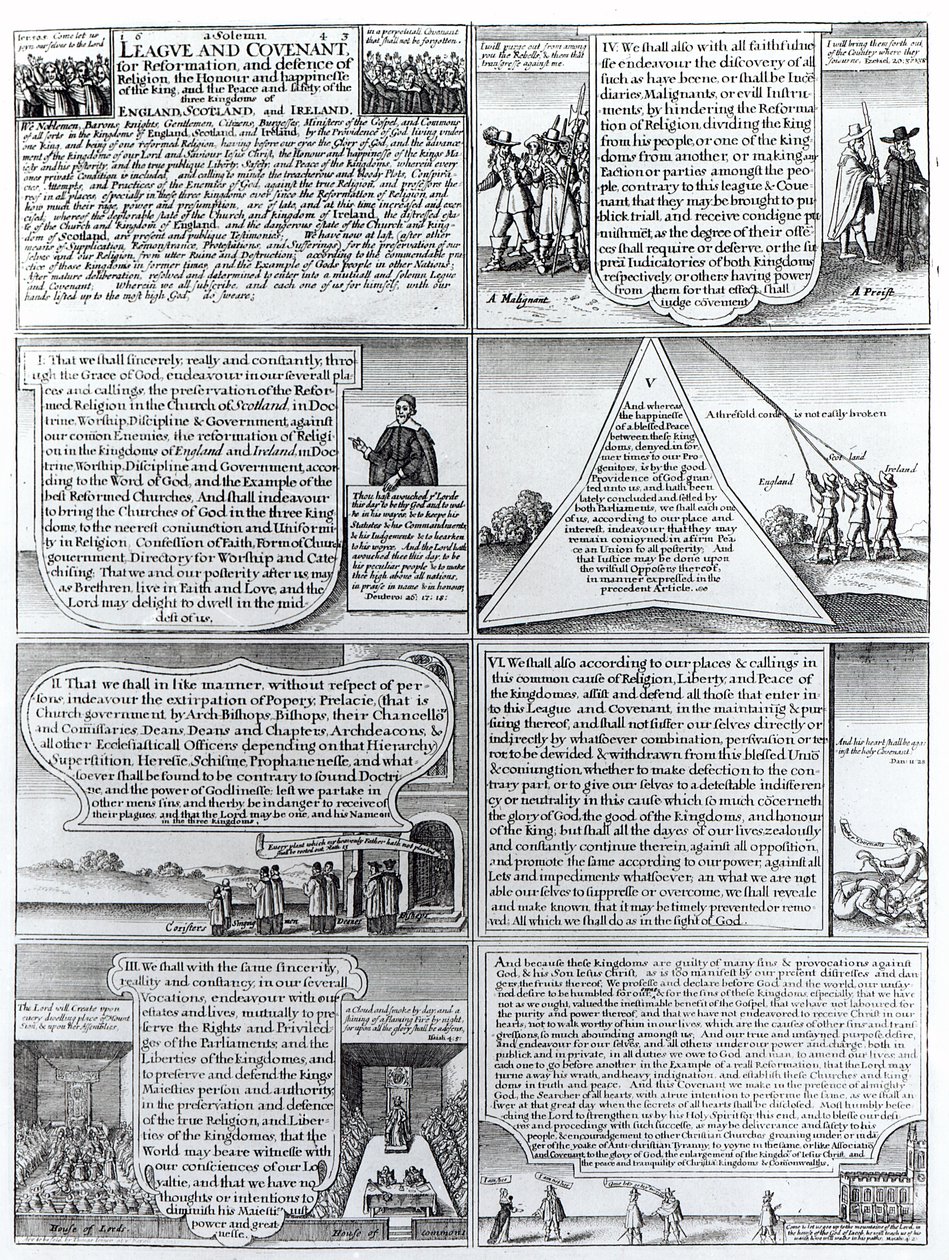 सोलम लीग और 1643 की वाचा, जो W. Hollar (1607-77) द्वारा उत्कीर्ण द्वारा अंग्रेजी स्कूल