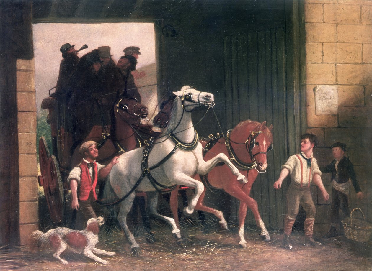 द स्टेज अराइव्स, c.1830 द्वारा अंग्रेजी स्कूल