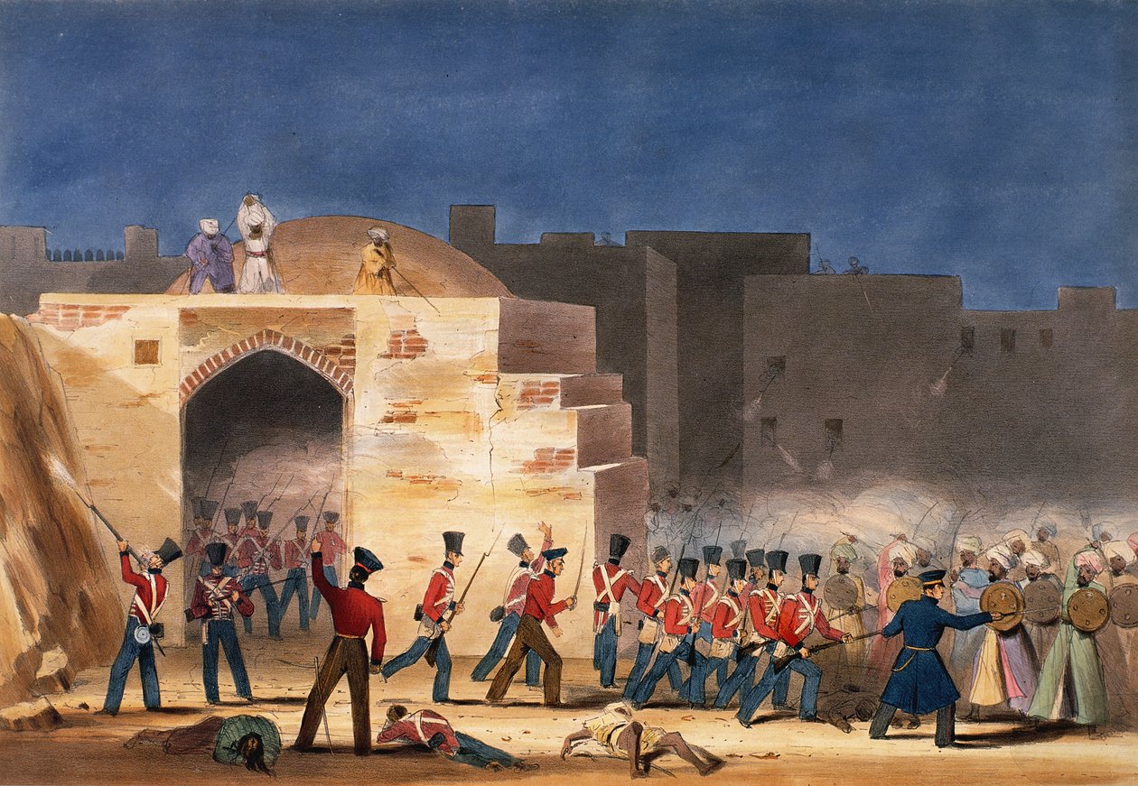 1839 में प्रथम अफगान युद्ध में गेटवे के दृश्य के अंदर घुग्ने का तूफान द्वारा अंग्रेजी स्कूल