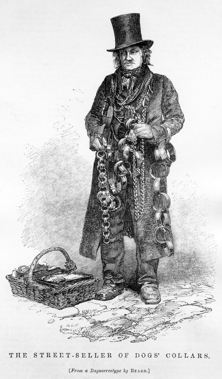 डॉग कोलर्स की स्ट्रीट सेलर, c.1840 द्वारा अंग्रेजी स्कूल