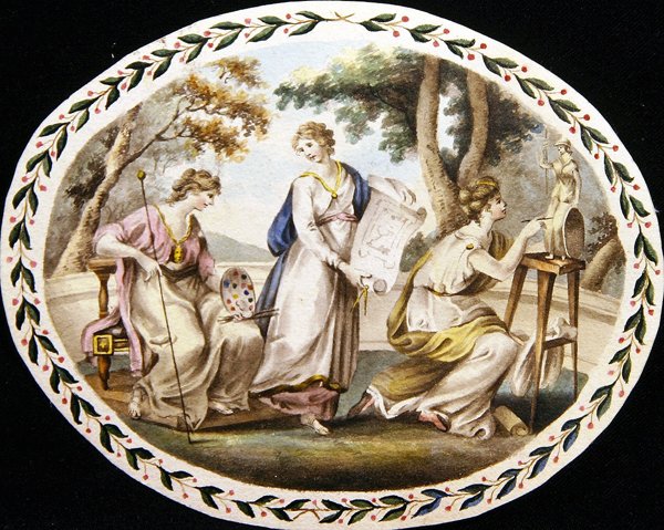 द थ्री म्यूज़ ऑफ़ द आर्ट्स, c.1790 (कागज पर पानी के रंग का) द्वारा अंग्रेजी स्कूल