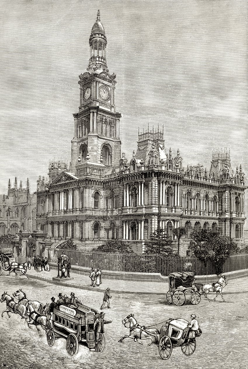 द टाउन हॉल, सिडनी, c.1880, हावर्ड विलोबी द्वारा &39;ऑस्ट्रेलियन पिक्चर्स&39; से, धार्मिक ट्रैक्ट सोसायटी, लंदन, 1886 द्वारा प्रकाशित द्वारा अंग्रेजी स्कूल