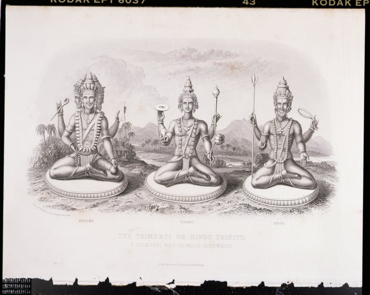त्रिमूर्ति या हिंदू ट्रिनिटी, ए। थॉर्न द्वारा उत्कीर्ण, विश्व धर्म से, ए। फुलार्टन एंड कंपनी द्वारा प्रकाशित द्वारा अंग्रेजी स्कूल