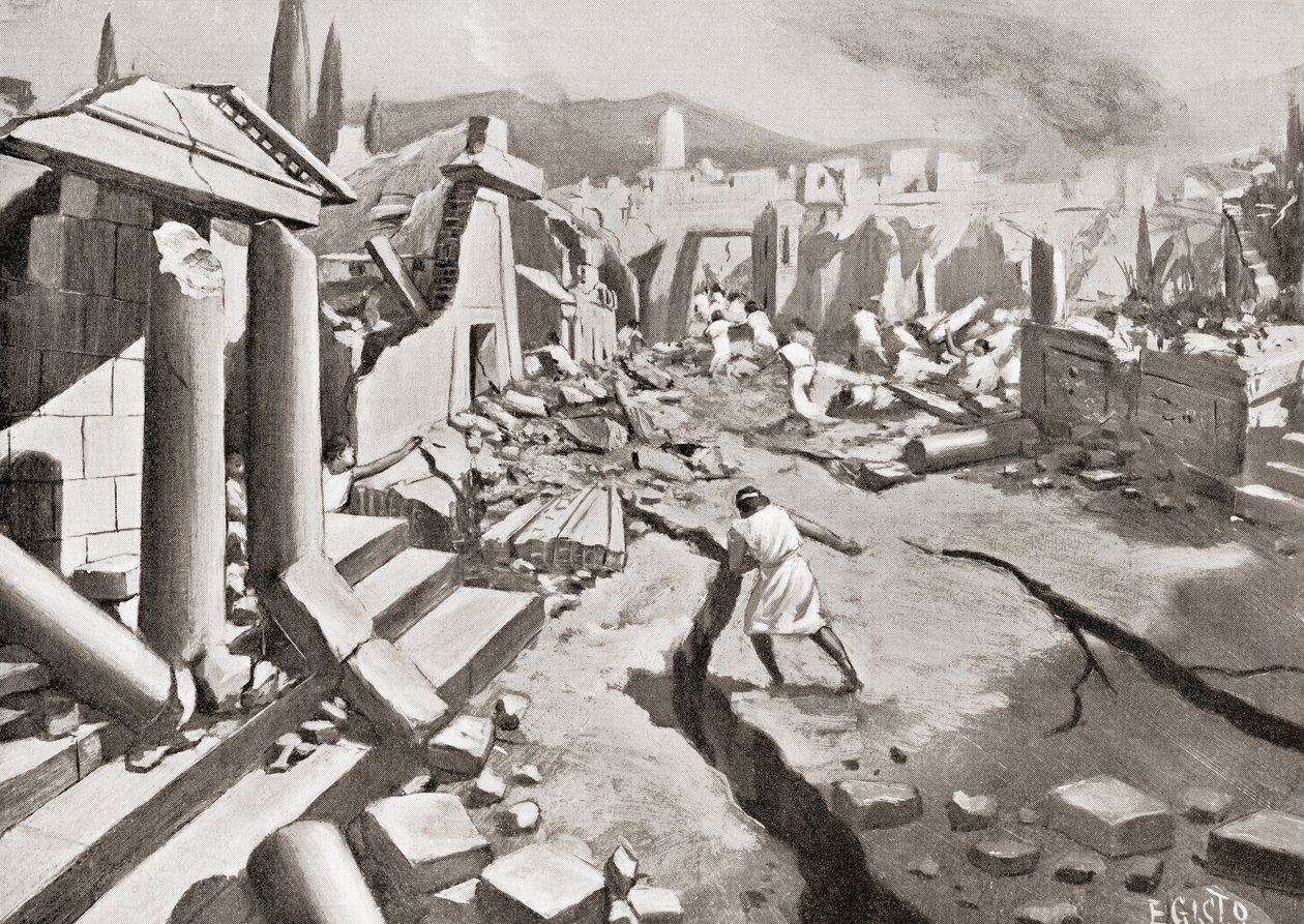 हचिंसन हिस्ट्री ऑफ द नेशंस, पब.1915 से स्पार्टा, प्राचीन ग्रीस, 464 ईसा पूर्व में भूकंप द्वारा अंग्रेजी स्कूल