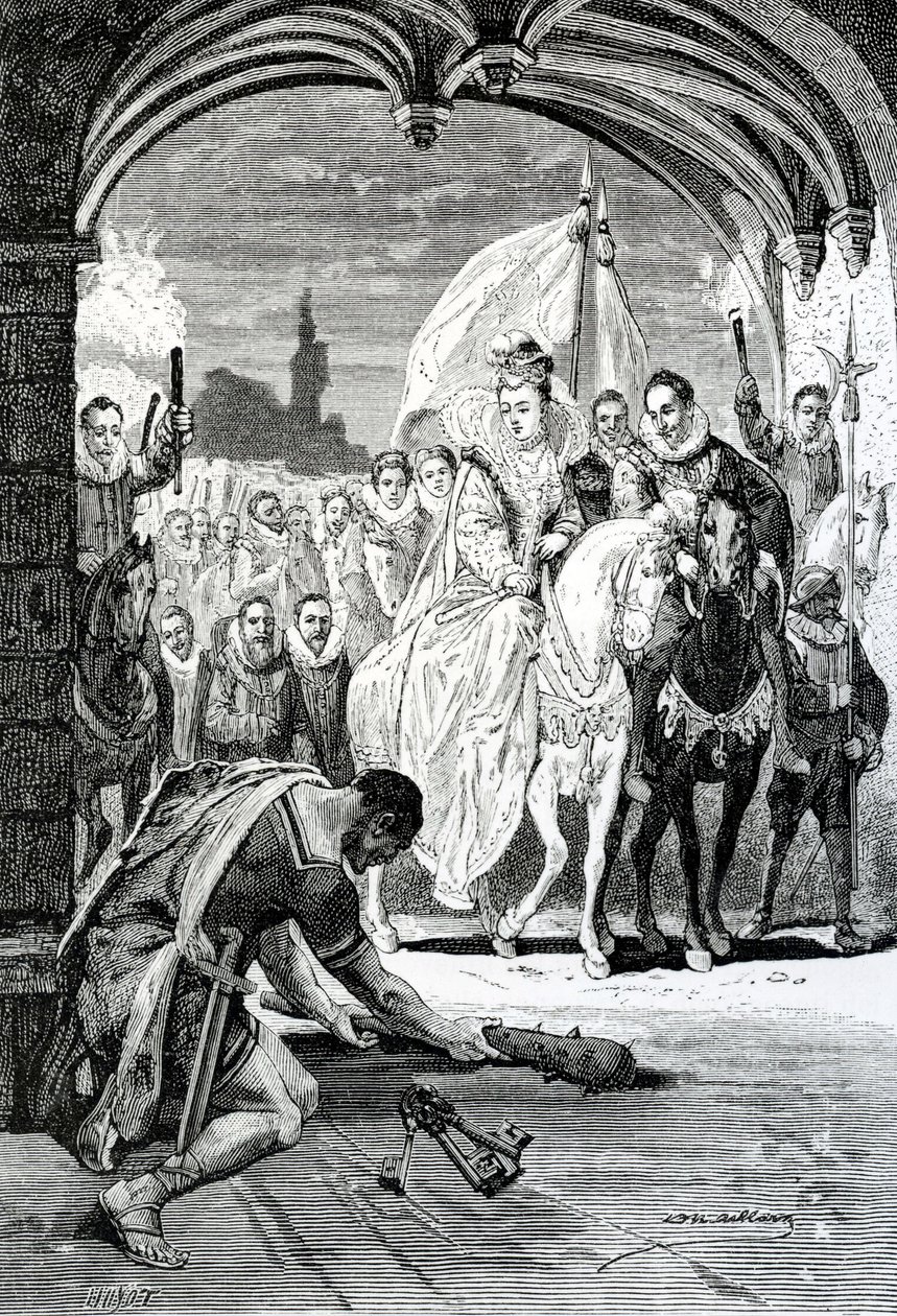19 वीं शताब्दी के केनिलवर्थ कैसल में क्वीन एलिजाबेथ का प्रवेश द्वारा अंग्रेजी स्कूल