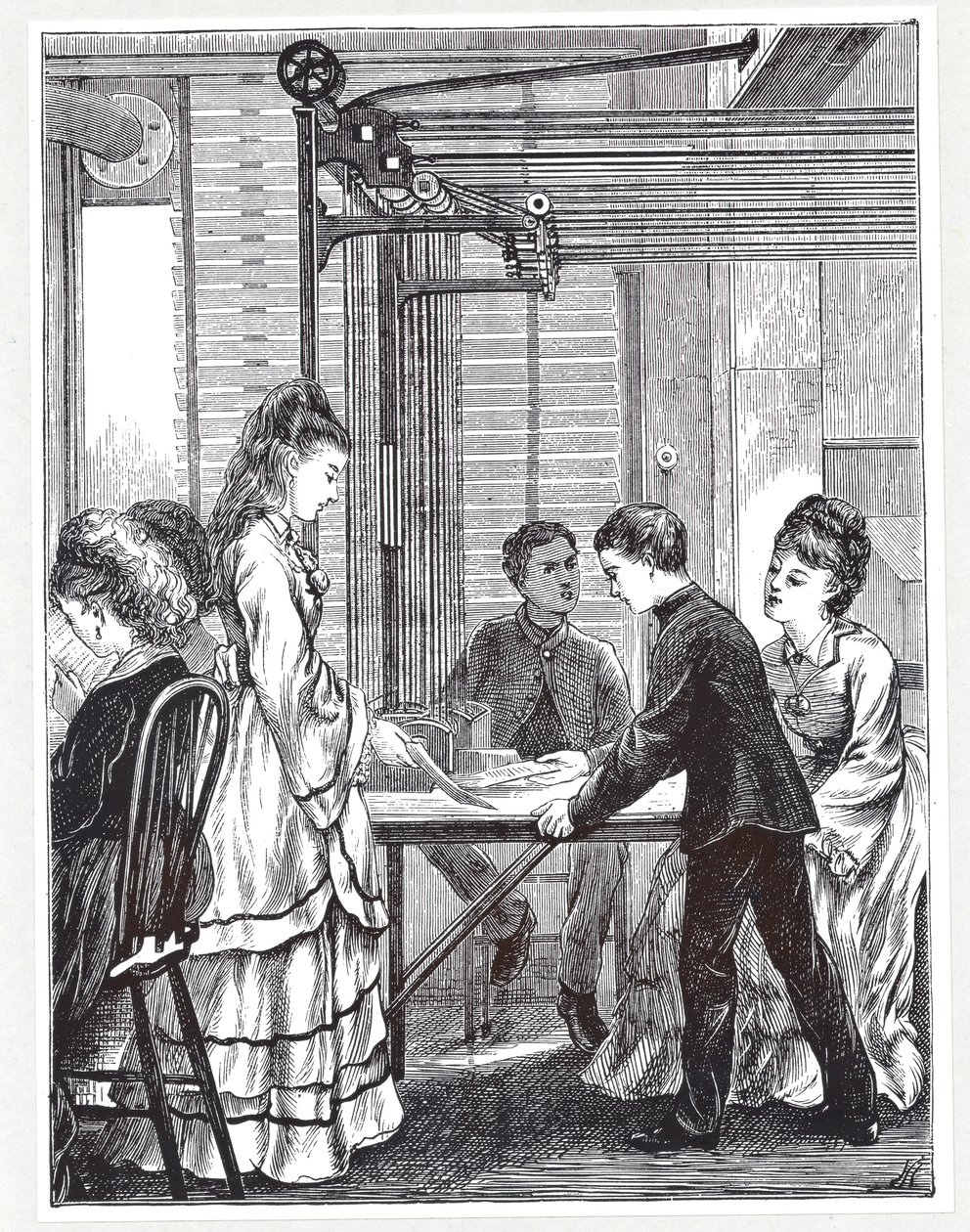 द ग्राफिक, 1871 से पोस्ट ऑफिस टेलीग्राफ मुख्यालय, टेलीग्राफ स्ट्रीट, लंदन में संदेश ले जाने के लिए उपकरण द्वारा अंग्रेजी स्कूल