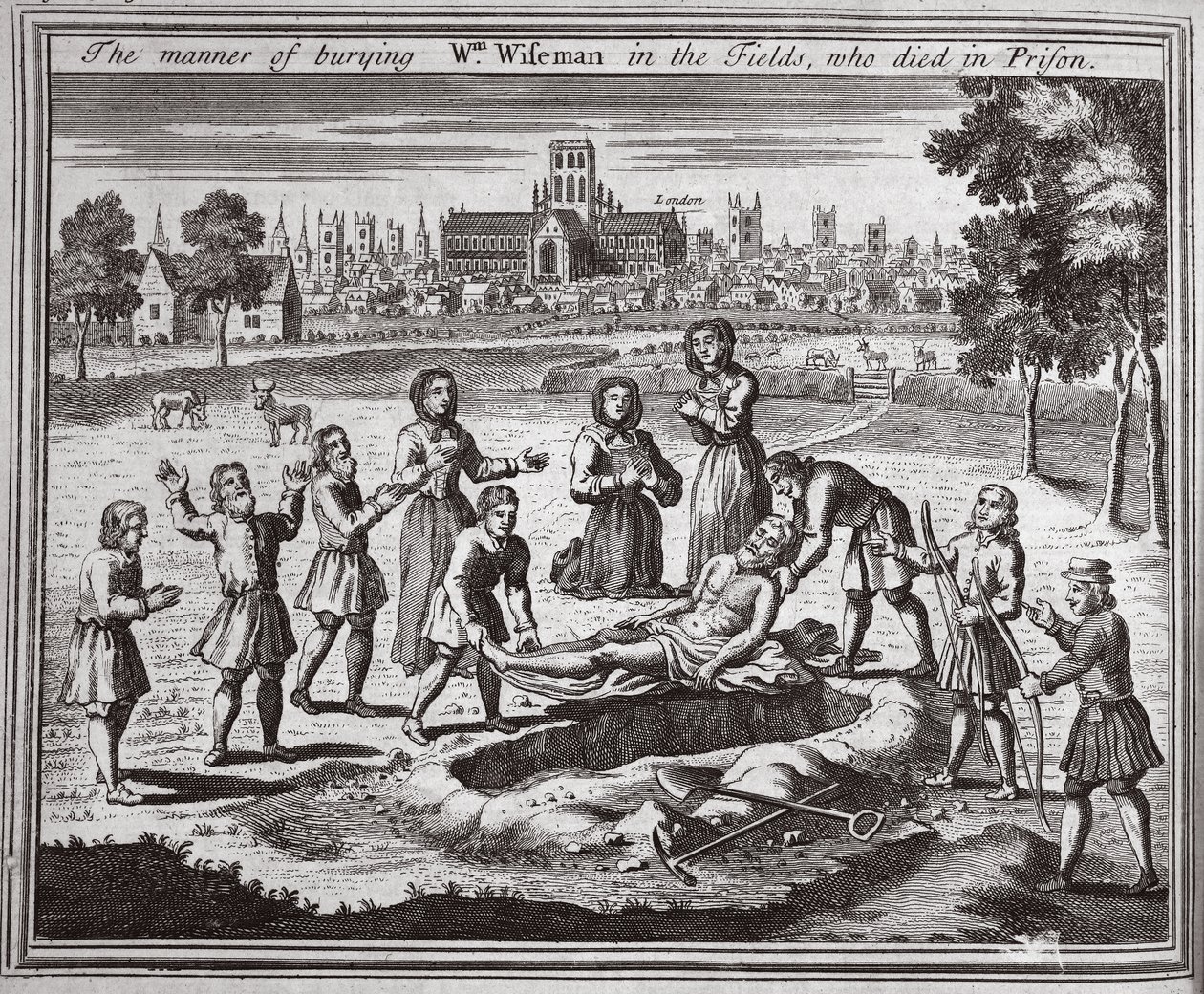 खेतों में Wm Wiseman को दफनाने का तरीका, जिनकी जेल में मौत हो गई, Foxes Martyrs का चित्रण c.1703 द्वारा अंग्रेजी स्कूल