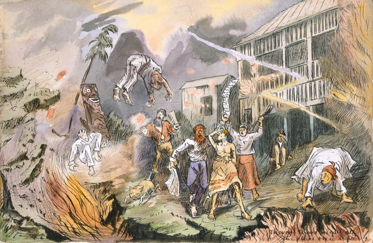 उसी रात पूरी जगह उड़ गई, c.1880 (कागज पर पेन और स्याही के साथ wc द्वारा अंग्रेजी स्कूल