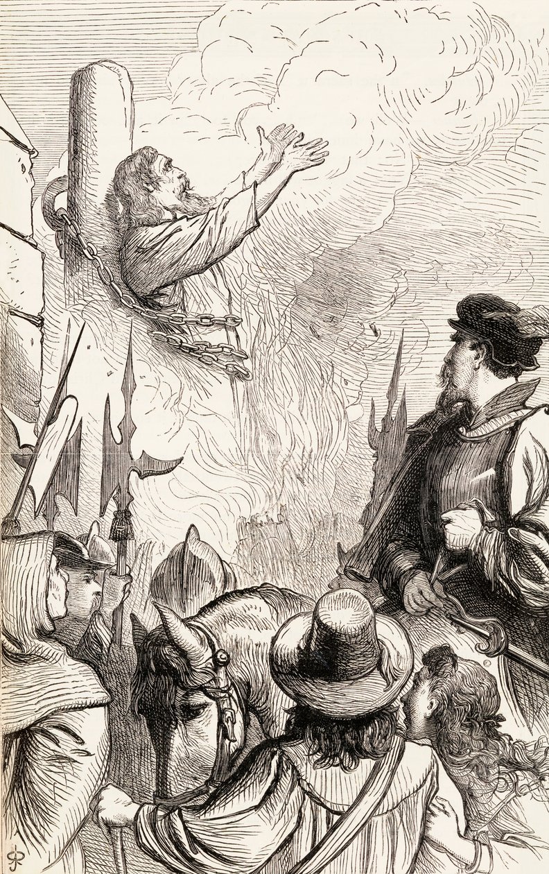 मारियन पर्सिसिटीज के दौरान दांव पर जले थॉमस हॉक्स, c.1865 (लकड़ी की नक्काशी) द्वारा अंग्रेजी स्कूल