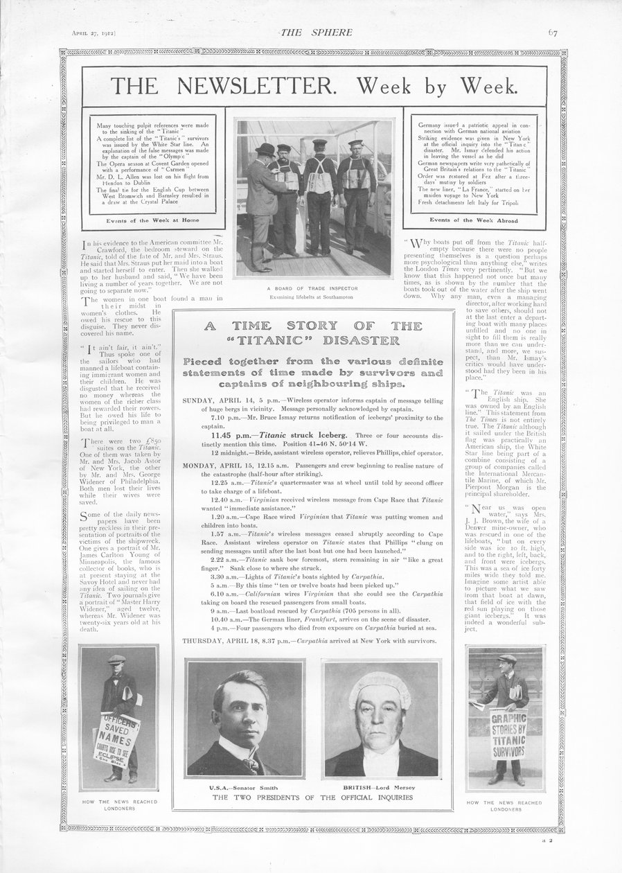 27 अप्रैल 1912 को द स्फीयर से टाइटैनिक के डूबने की घटनाओं और लेखों की समयरेखा द्वारा अंग्रेजी स्कूल