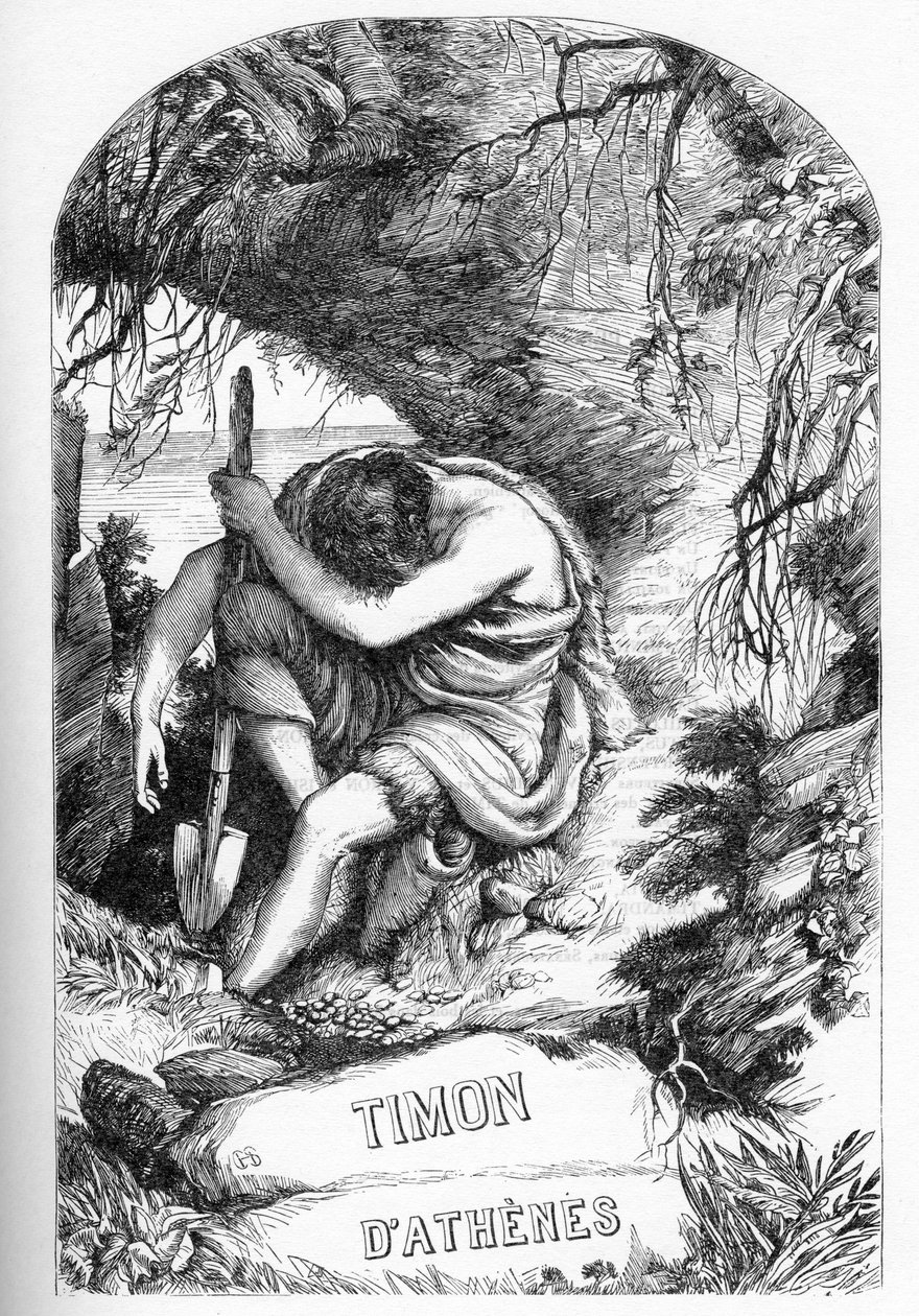 एथेंस के टिमोन (एथेंस के टायमन का जीवन) - "" विलियम शेक्सपियर को पूरा करता है"" में चित्रण"" 1866 - इस संस्करण के चित्र और सामान्य रूप लंदन में प्रकाशित कैसेल के सचित्र शेक्सपियर से उधार लिए गए हैं द्वारा अंग्रेजी स्कूल