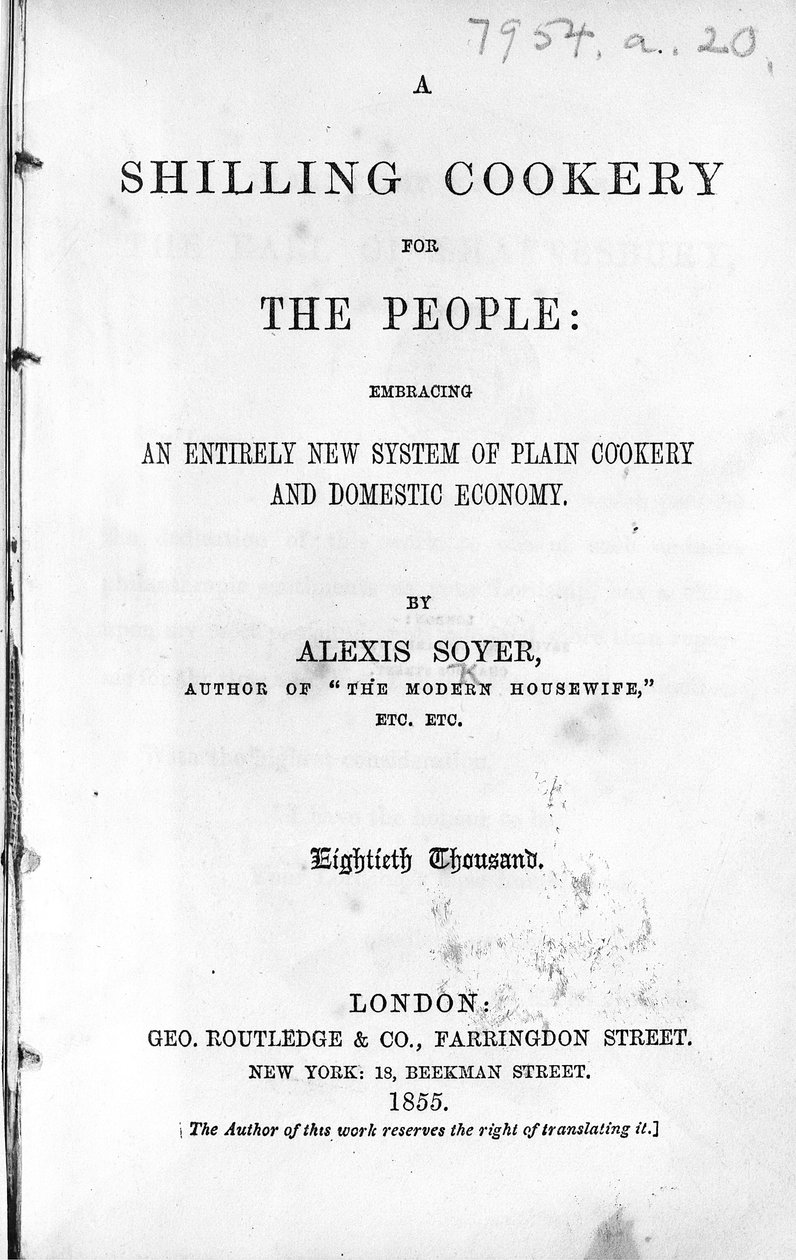 एलेक्सिस सोयर द्वारा लोगों के लिए एक शिलिंग कुकरी के लिए शीर्षक पृष्ठ, 1855 में प्रकाशित (मुद्रित कागज) द्वारा अंग्रेजी स्कूल