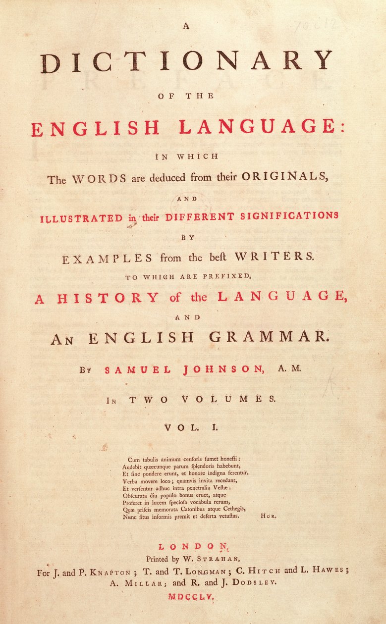 मानव भाषा लंदन के जॉन्सन डिक्शनरी का शीर्षक पृष्ठ, 1755 द्वारा अंग्रेजी स्कूल