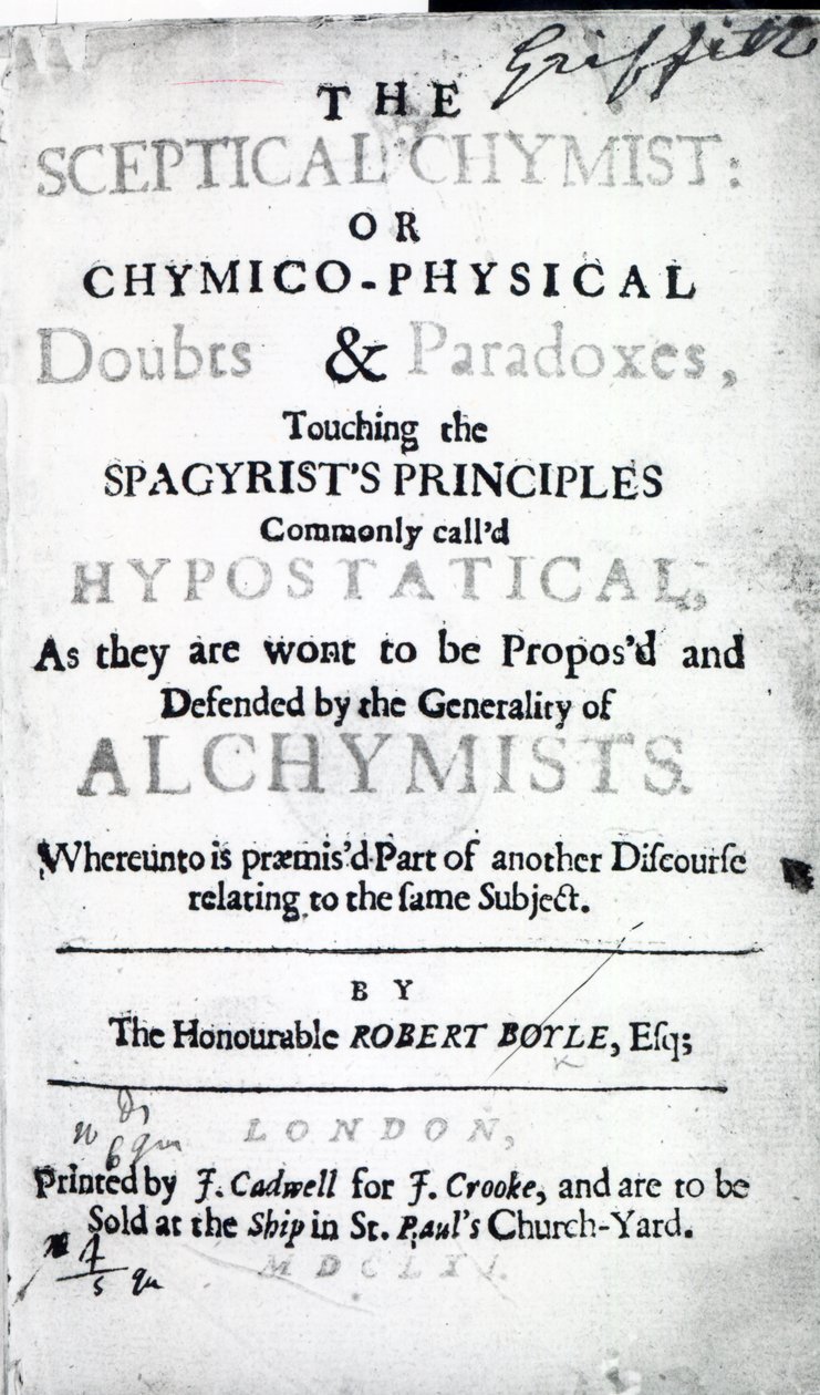 रॉबर्ट बॉयल, 1661 (द प्रिंट) द्वारा द स्केप्टिकल काइमिस्ट का शीर्षक पृष्ठ द्वारा अंग्रेजी स्कूल