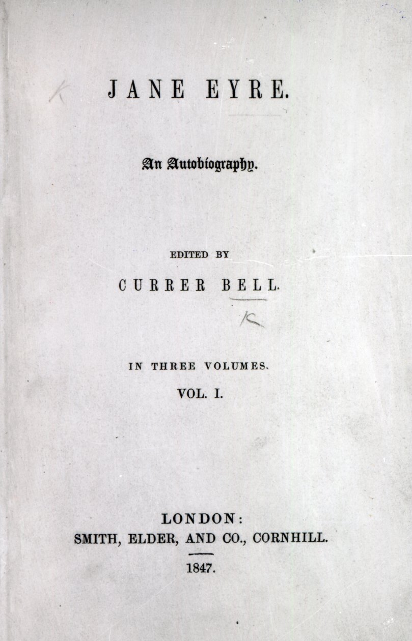 चार्लोट ब्रोंटे द्वारा जेन आइरे के पहले संस्करण का शीर्षक पृष्ठ, 1847 (प्रिंट) द्वारा अंग्रेजी स्कूल