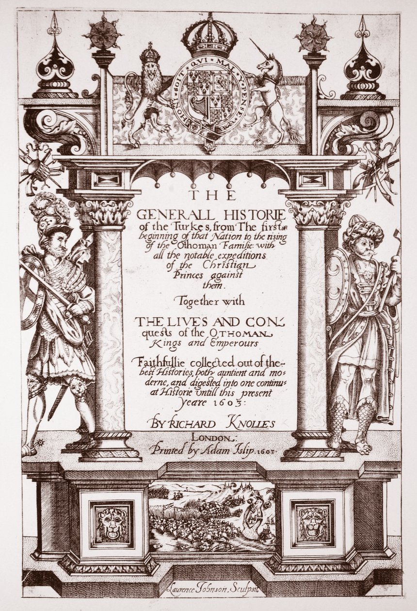 टाइटलपेज, टर्क्स का सामान्य इतिहास, पब। एडम इस्लिप द्वारा, 1603 द्वारा अंग्रेजी स्कूल