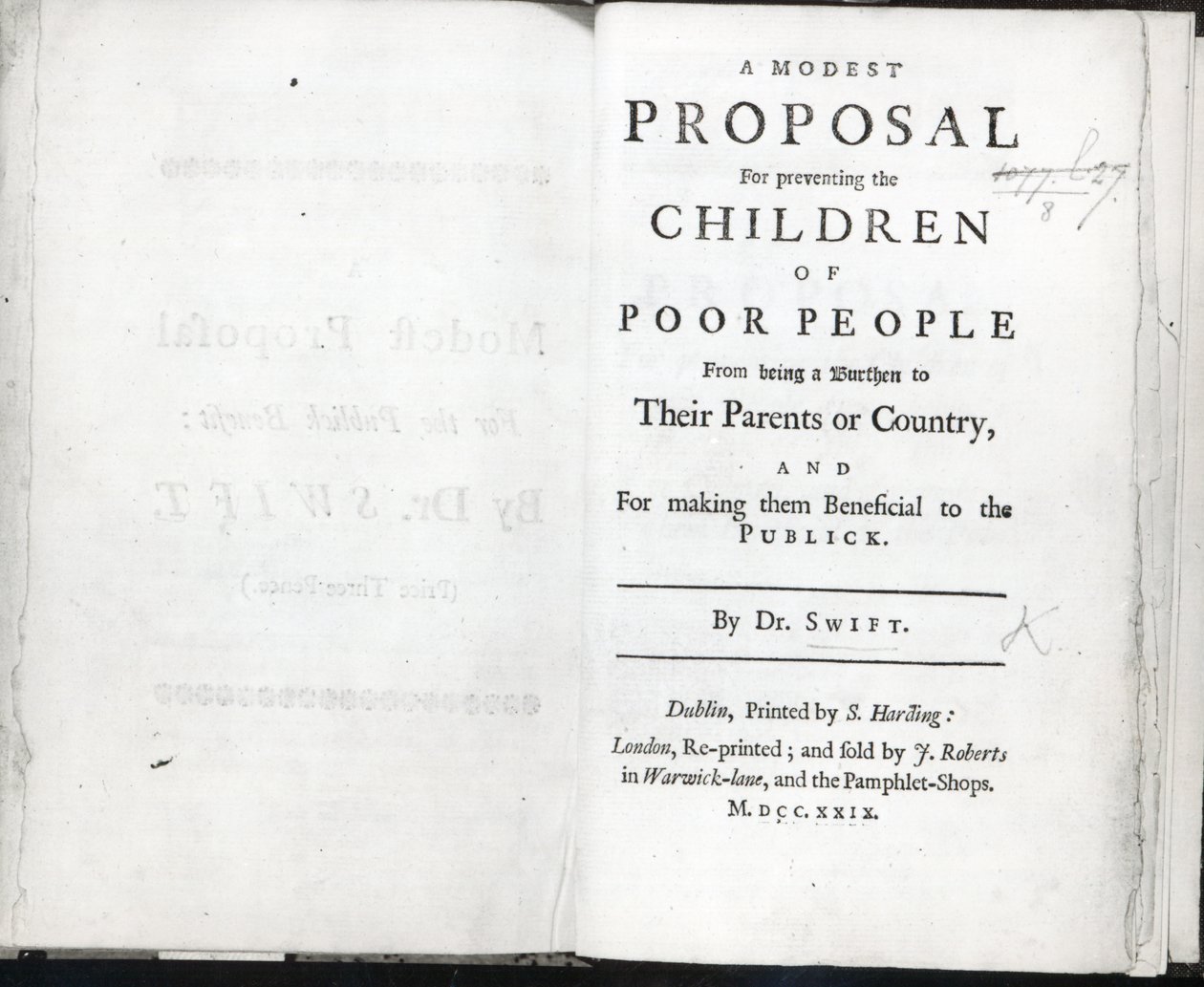 जोनाथन स्विफ्ट द्वारा एक मामूली प्रस्ताव का शीर्षक पृष्ठ, 1729 में प्रकाशित (प्रिंट) द्वारा अंग्रेजी स्कूल