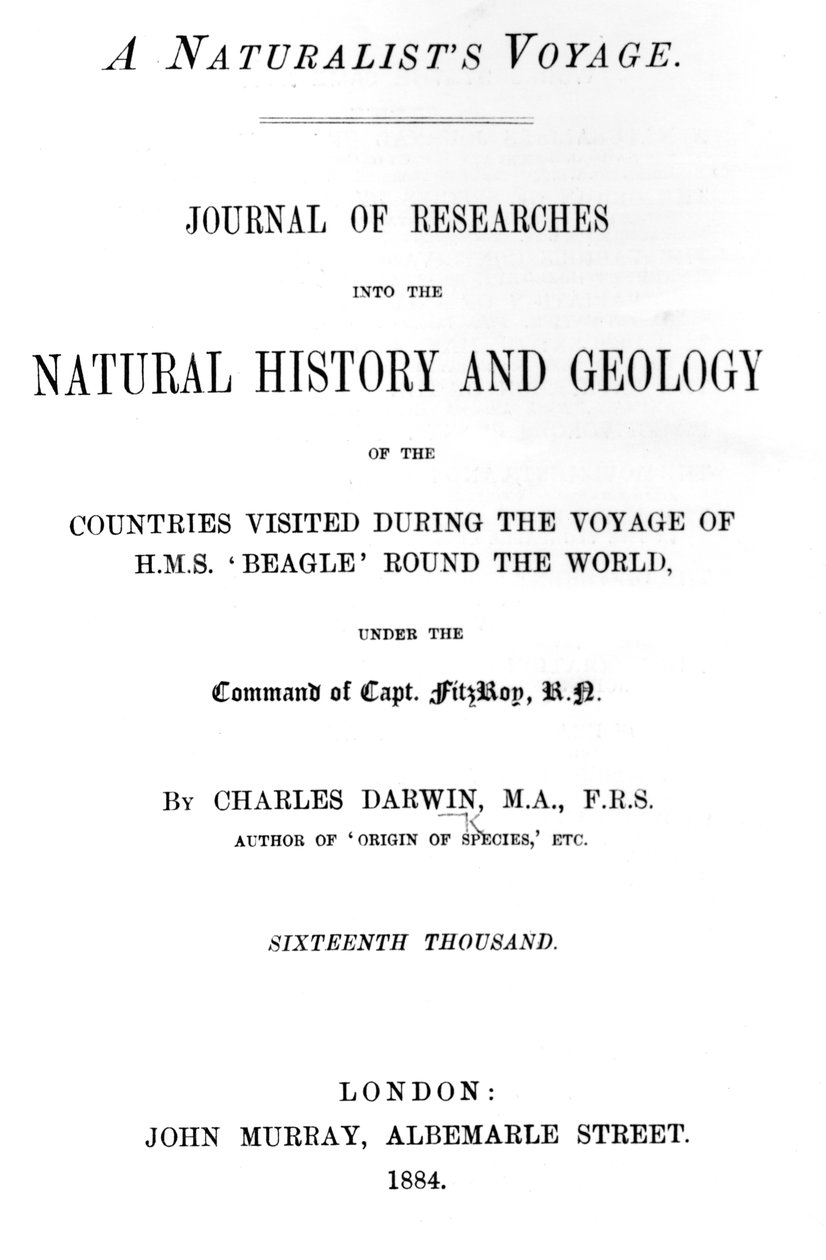चार्ल्स डार्विन द्वारा दुनिया भर में एक प्रकृतिवादी यात्रा का शीर्षक, 1884 में प्रकाशित संस्करण (मुद्रित पत्र) द्वारा अंग्रेजी स्कूल