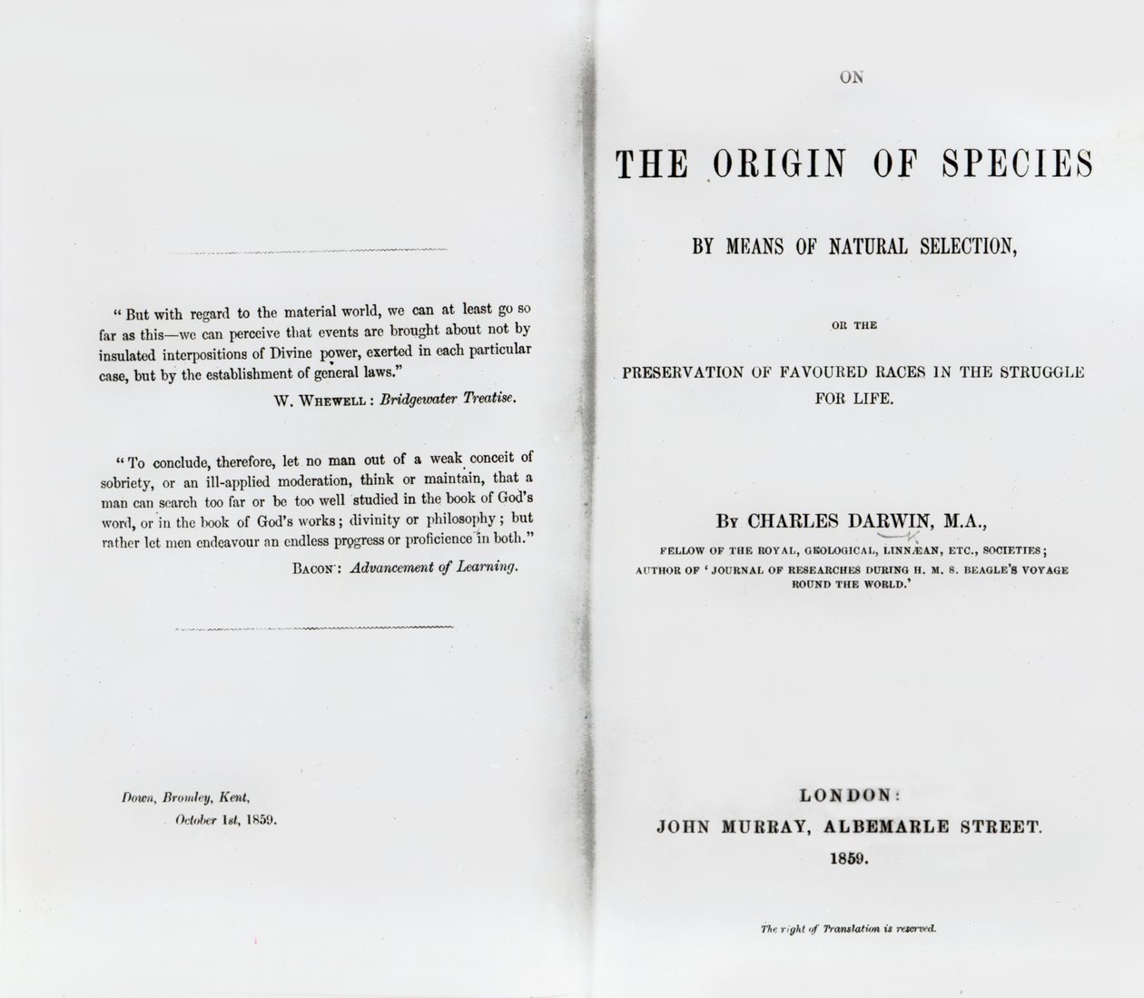 1859 में प्रकाशित चार्ल्स डार्विन द्वारा ऑन द ओरिजिन ऑफ़ स्पीशीज़ का शीर्षक पृष्ठ द्वारा अंग्रेजी स्कूल