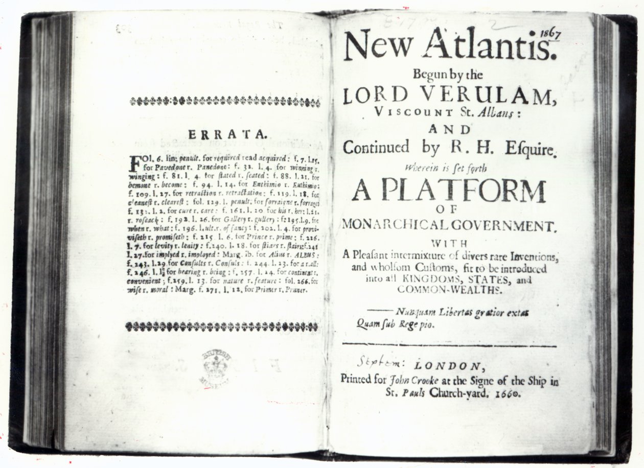 फ्रांसिस बेकन न्यू अटलांटिस के शीर्षक, 1660 में प्रकाशित संस्करण (प्रिंट) द्वारा अंग्रेजी स्कूल