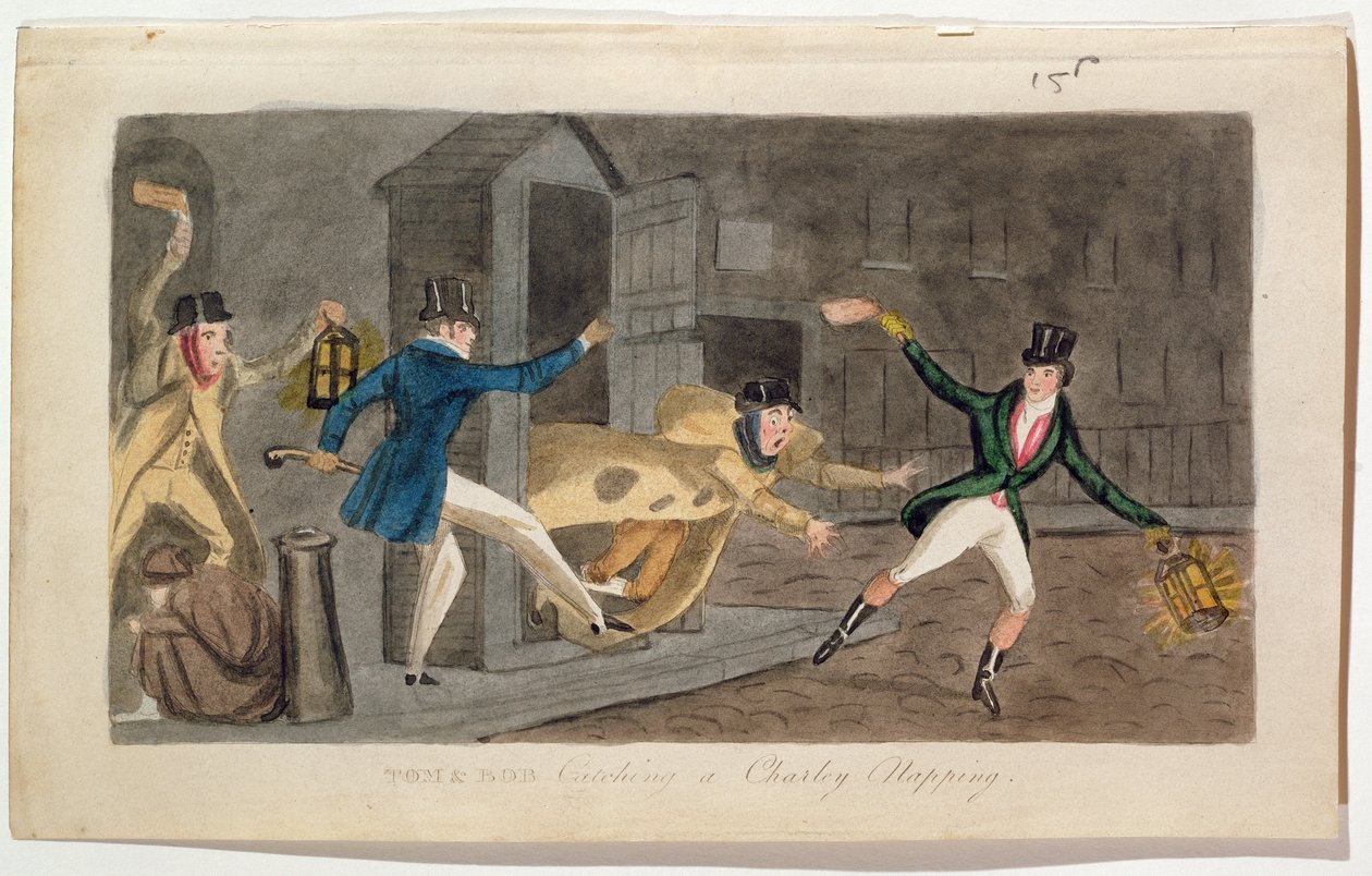 टॉम एंड बॉब कैचिंग ए चार्ली नैपिंग, 1821 (एक्वाटिंट) द्वारा अंग्रेजी स्कूल